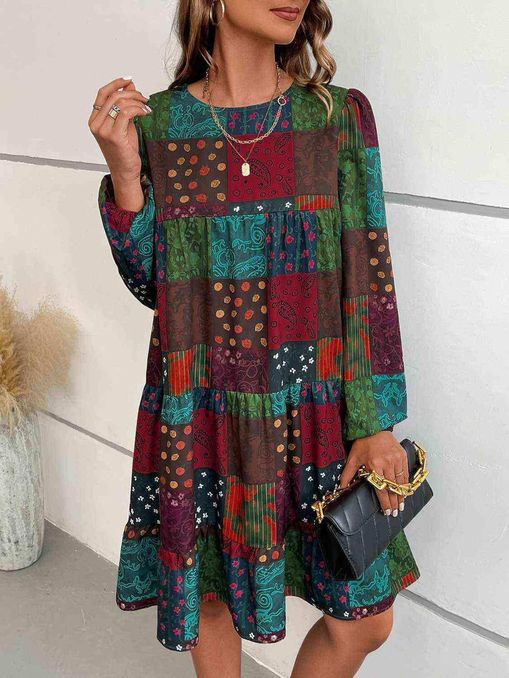 Patchwork Round Neck Long Sleeve Dress - Trendsi - Flyclothing LLC