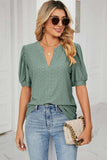 Eyelet Short Puff Sleeve Notched Neck Top - Trendsi - Flyclothing LLC