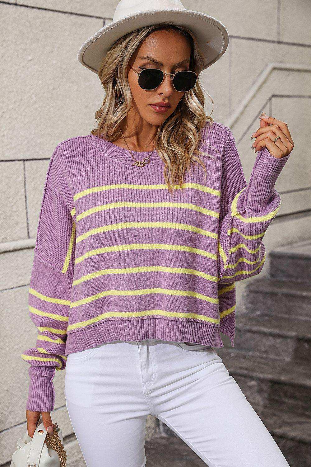 Striped Dropped Shoulder Round Neck Pullover Sweater - Trendsi - Flyclothing LLC