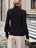 Mock Neck Ribbed Lantern Sleeve Pullover Sweater - Trendsi - Flyclothing LLC