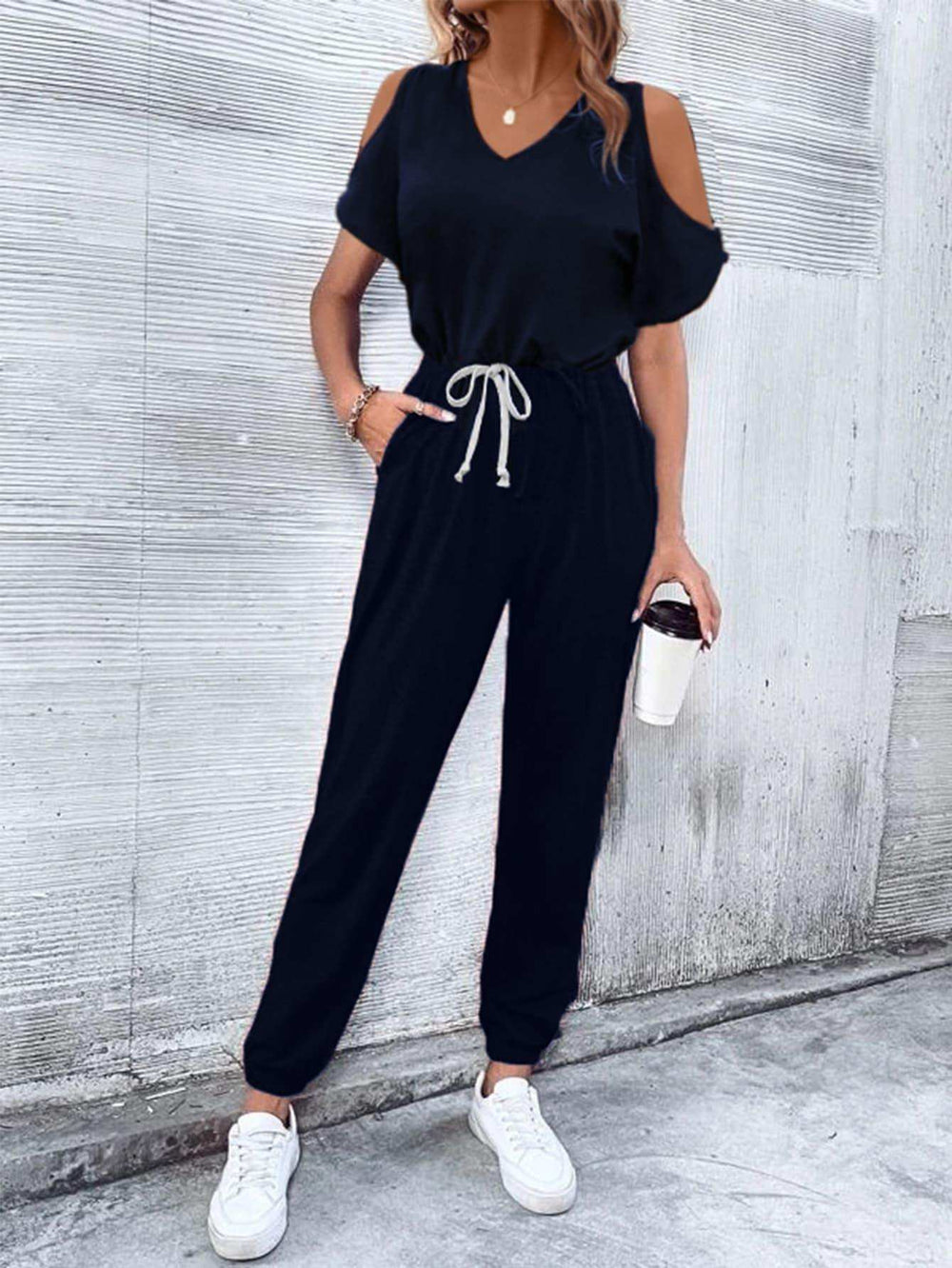 V-Neck Cold-Shoulder Jumpsuit with Pockets - Trendsi - Flyclothing LLC