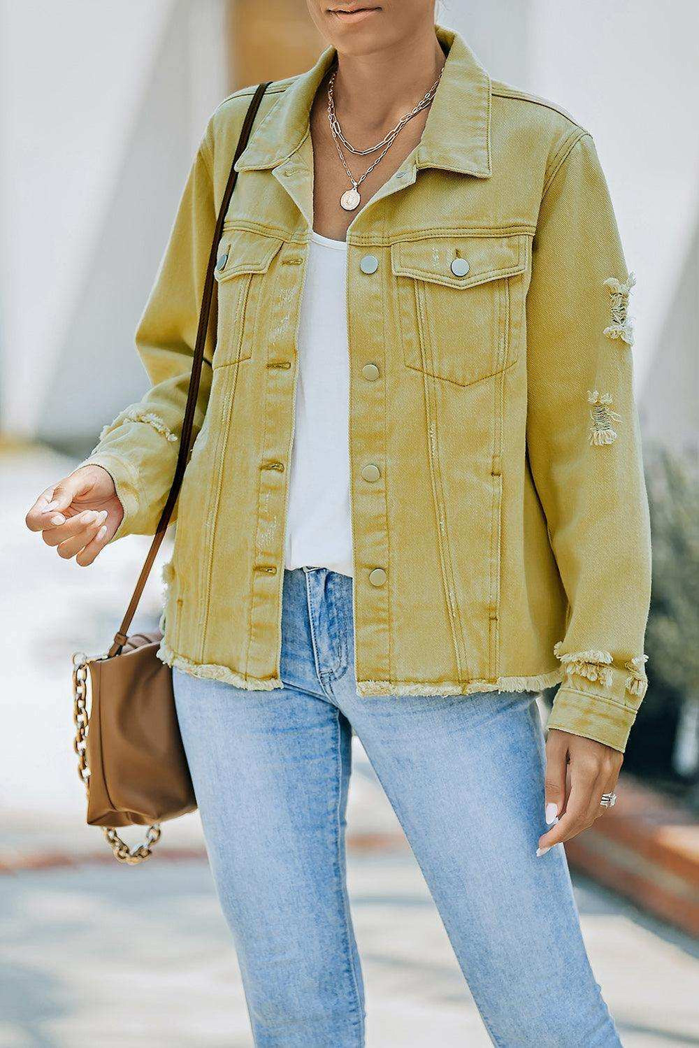 Distressed Raw Hem Denim Jacket - Trendsi - Flyclothing LLC