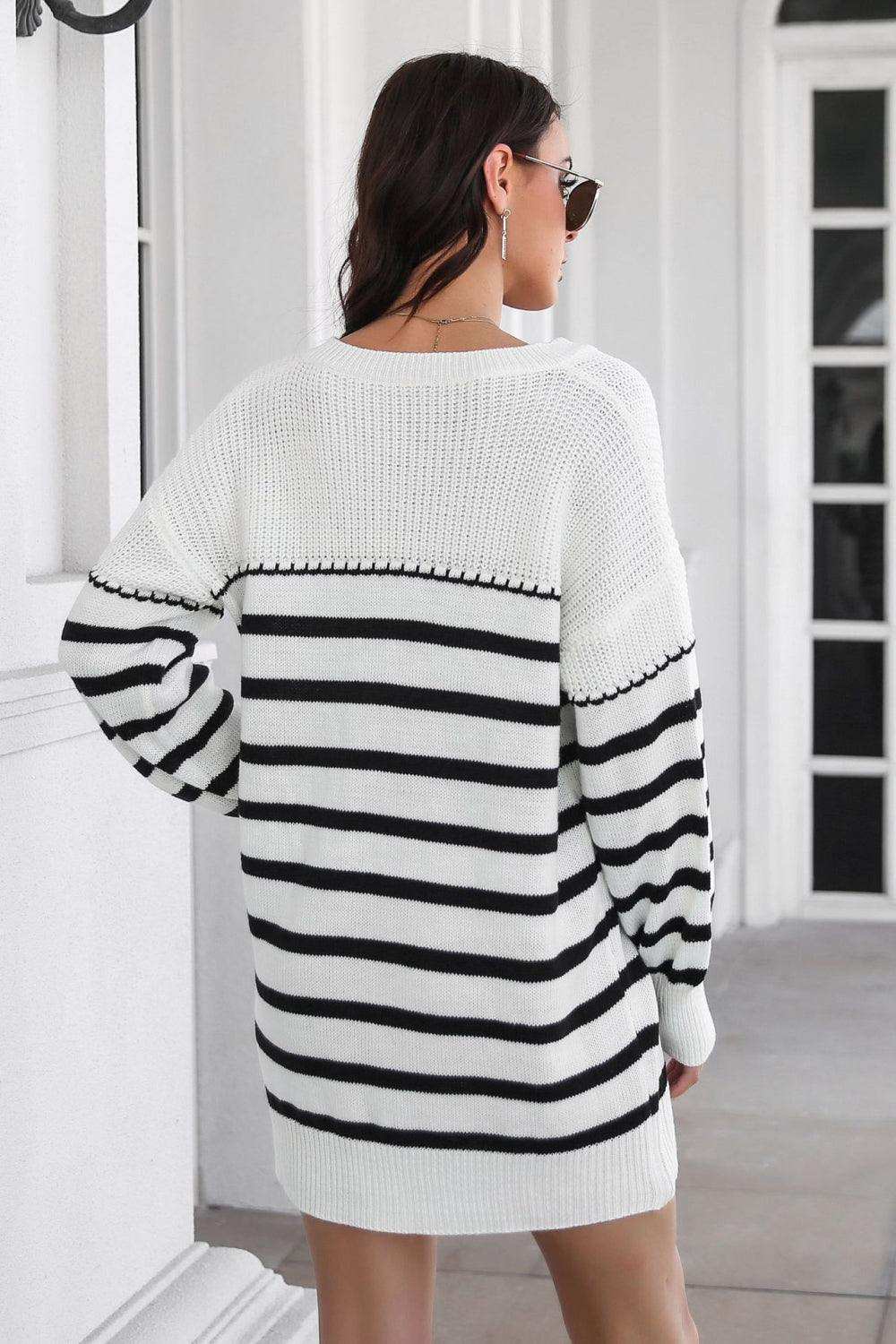 Striped V-Neck Drop Shulder Sweater Dress - Trendsi - Flyclothing LLC