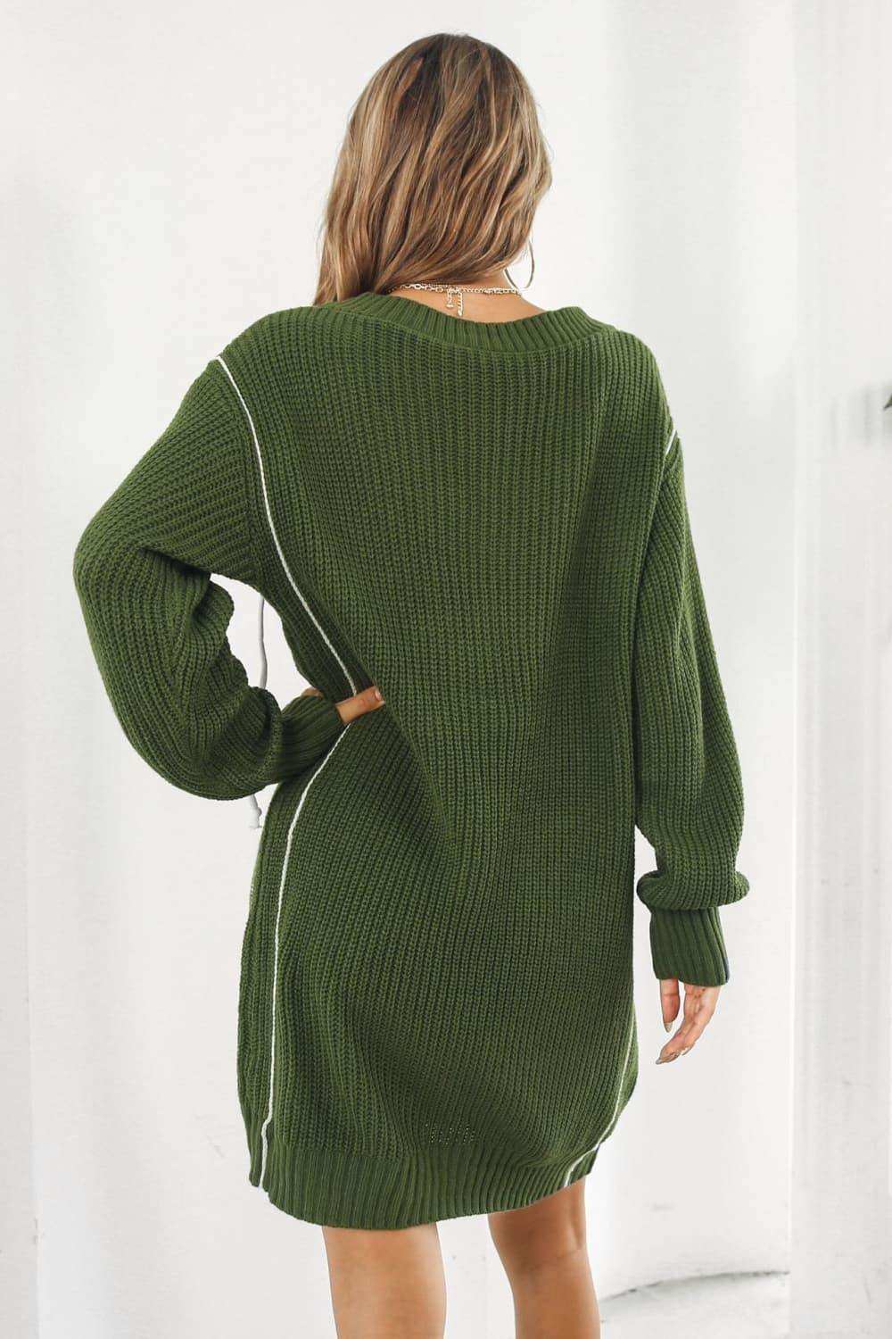 Contrast V-Neck Sweater Dress - Trendsi - Flyclothing LLC