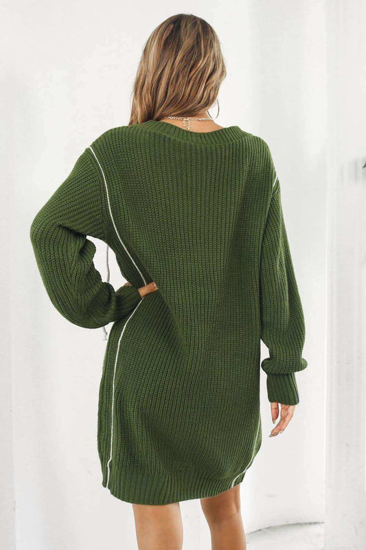 Contrast V-Neck Sweater Dress - Trendsi - Flyclothing LLC