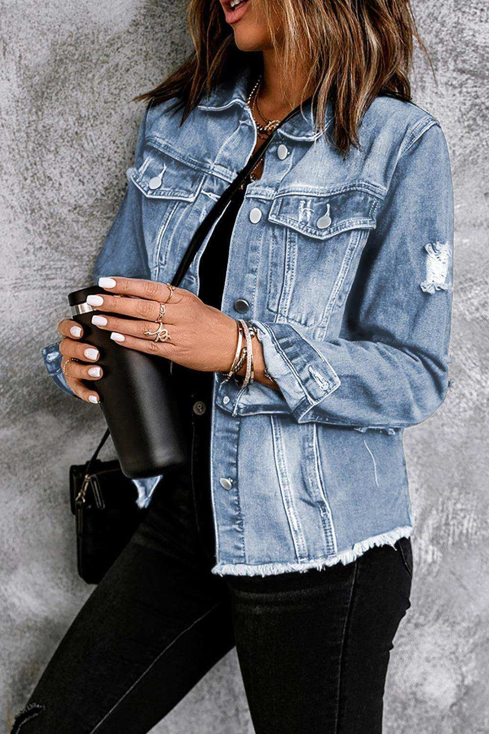 Distressed Raw Hem Denim Jacket - Trendsi - Flyclothing LLC