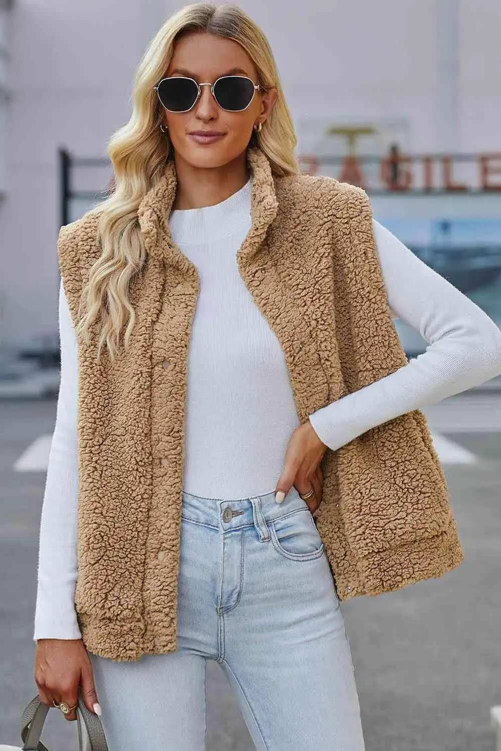 Snap Down Vest with Pockets - Trendsi - Flyclothing LLC