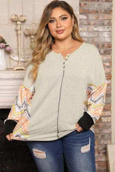 Plus Size Exposed Seam Print Long Sleeve T-Shirt - Trendsi - Flyclothing LLC