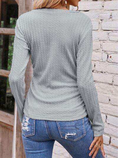 Textured Ruched V-Neck Long Sleeve T-Shirt - Trendsi - Flyclothing LLC