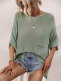 Boat Neck Cuffed Sleeve Slit Tunic Knit Top - Trendsi - Flyclothing LLC