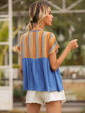 Striped Tie Neck Short Sleeve Blouse - Trendsi - Flyclothing LLC