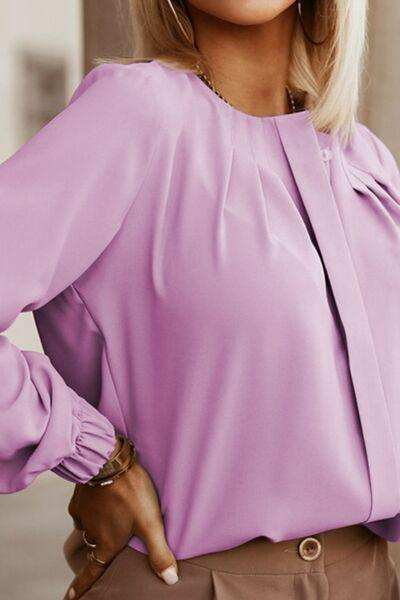 Button Up Round Neck Long Sleeve Shirt - Trendsi - Flyclothing LLC