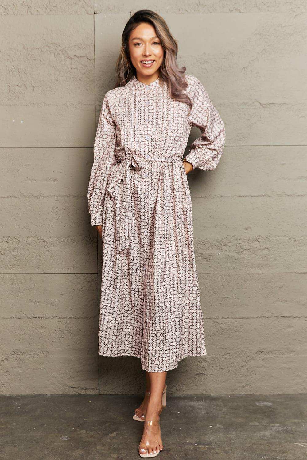 Printed Tie Waist Long Sleeve Dress - Trendsi - Flyclothing LLC