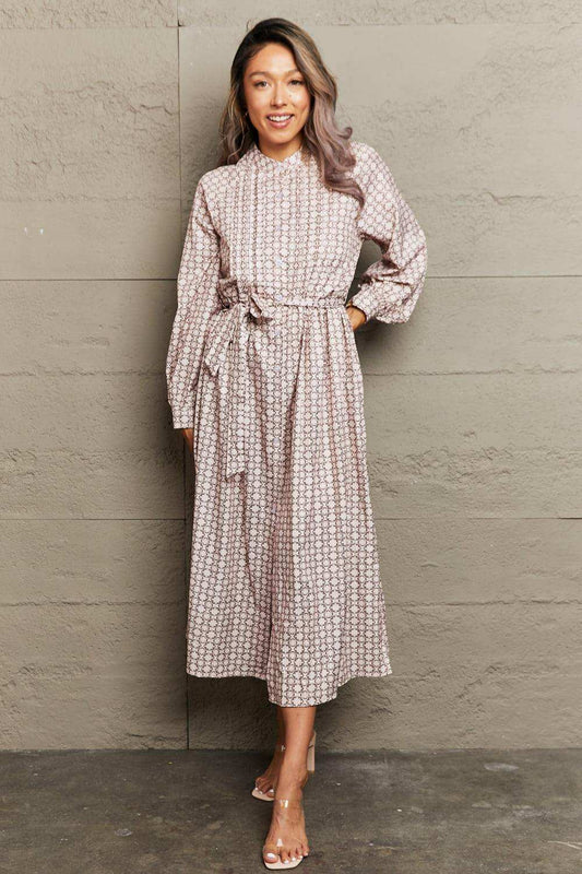 Printed Tie Waist Long Sleeve Dress - Trendsi - Flyclothing LLC
