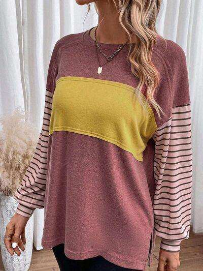 Round Neck Striped Long Sleeve Slit T-Shirt - Trendsi - Flyclothing LLC
