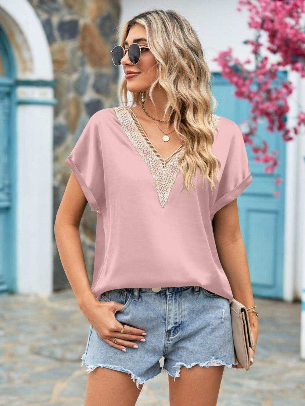 V-Neck Cuffed Blouse - Trendsi - Flyclothing LLC