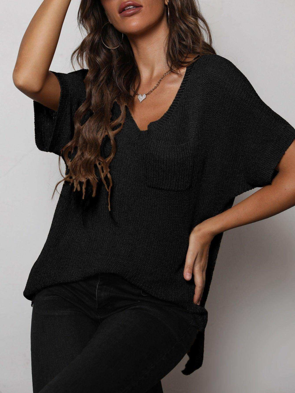 V-Neck Slit High-Low Knit Top - Trendsi - Flyclothing LLC