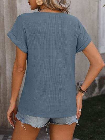 Cable-Knit Round Neck Short Sleeve T-Shirt - Trendsi - Flyclothing LLC