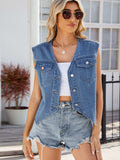Pocketed Button Up Sleeveless Denim Jacket - Trendsi - Flyclothing LLC