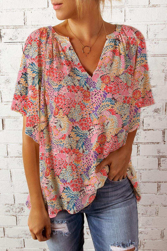 Floral Notched Neck Flutter Sleeve Blouse - Trendsi - Flyclothing LLC