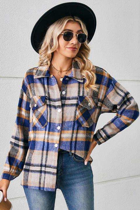 Collared Plaid Shacket - Trendsi - Flyclothing LLC