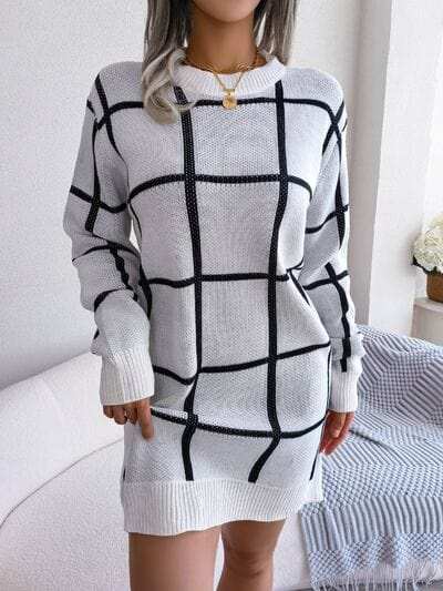 Plaid Round Neck Dropped Shoulder Sweater Dress - Trendsi - Flyclothing LLC