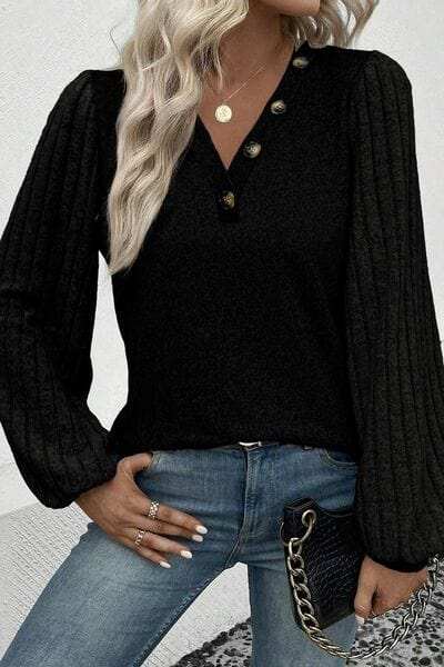 Decorative Button V-Neck Lantern Sleeve Blouse - Trendsi - Flyclothing LLC
