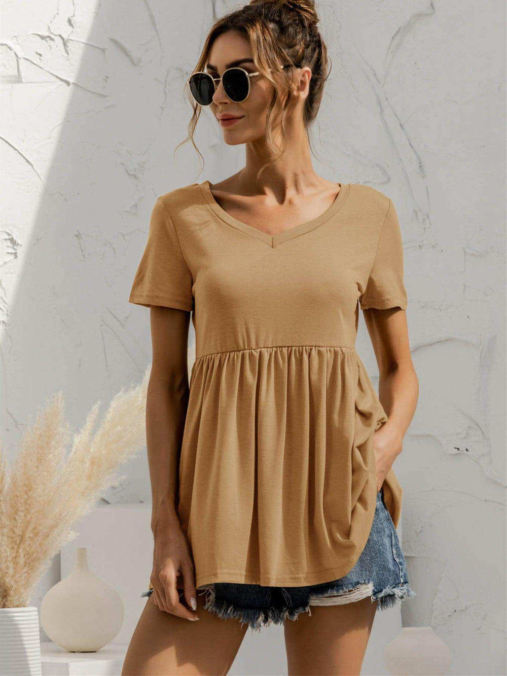 V-Neck Short Sleeve Babydoll Top - Trendsi - Flyclothing LLC