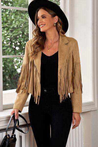 Fringe Trim Lapel Collar Cropped Blazer - Trendsi - Flyclothing LLC