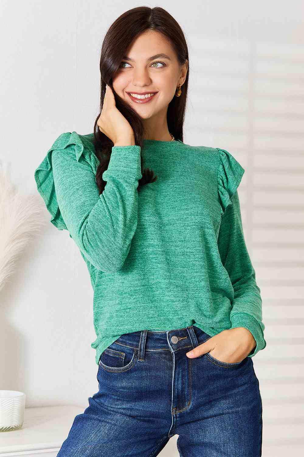 Double Take Ruffle Shoulder Long Sleeve T-Shirt - Trendsi - Flyclothing LLC