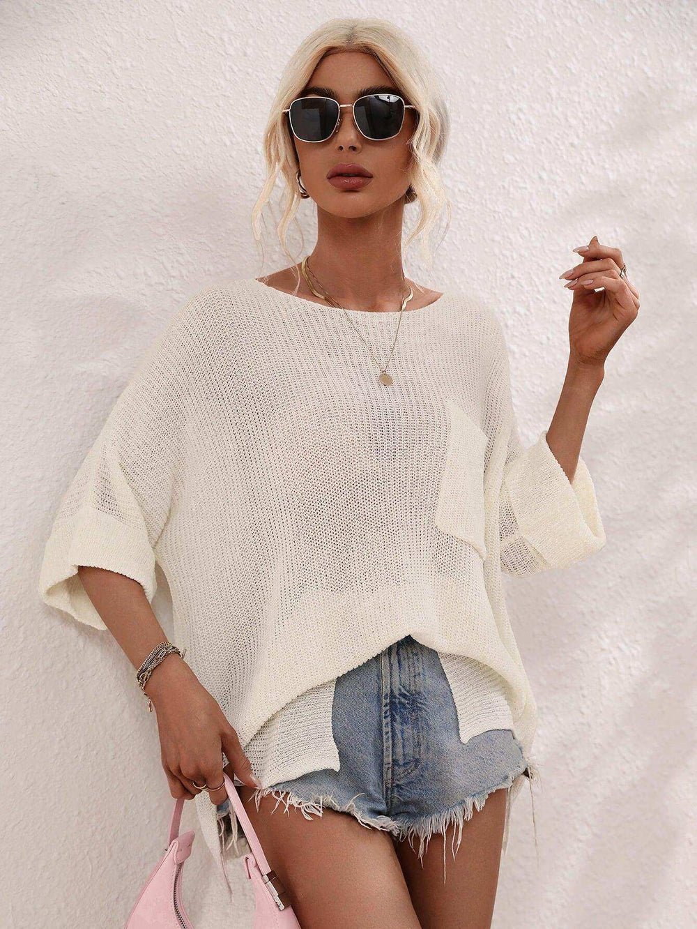 Boat Neck Cuffed Sleeve Slit Tunic Knit Top - Trendsi - Flyclothing LLC