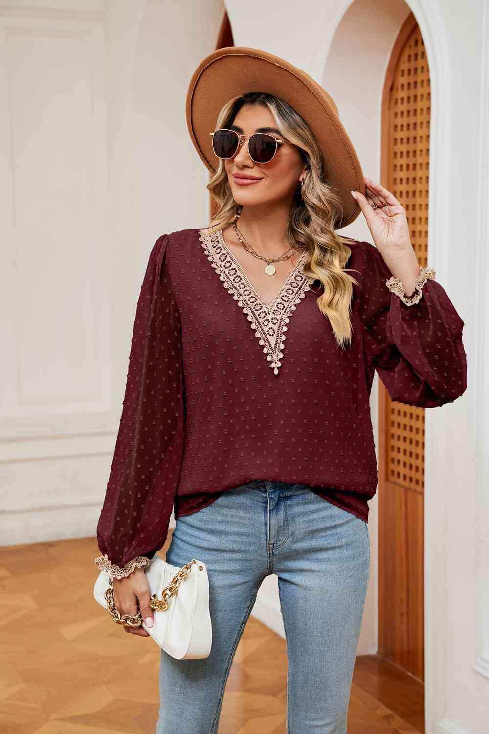 Swiss Dot Contrast V-Neck Blouse - Trendsi - Flyclothing LLC