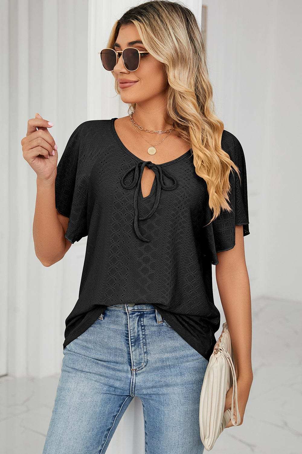 Eyelet Tie Neck Flutter Sleeve Blouse - Trendsi - Flyclothing LLC