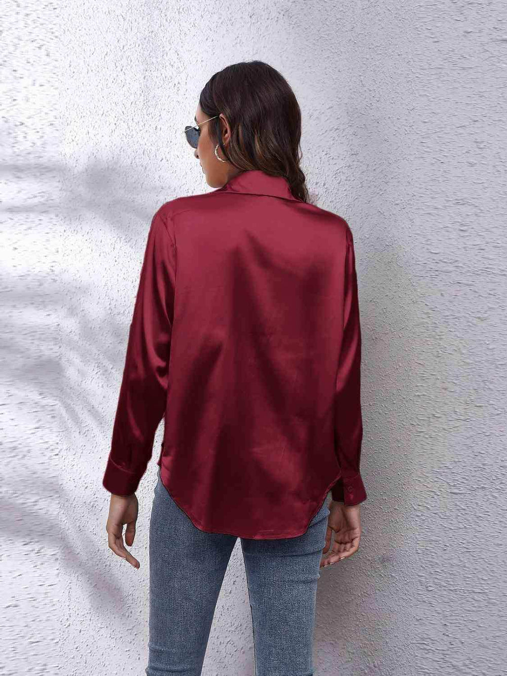 Collared Neck Buttoned Long Sleeve Shirt - Trendsi - Flyclothing LLC