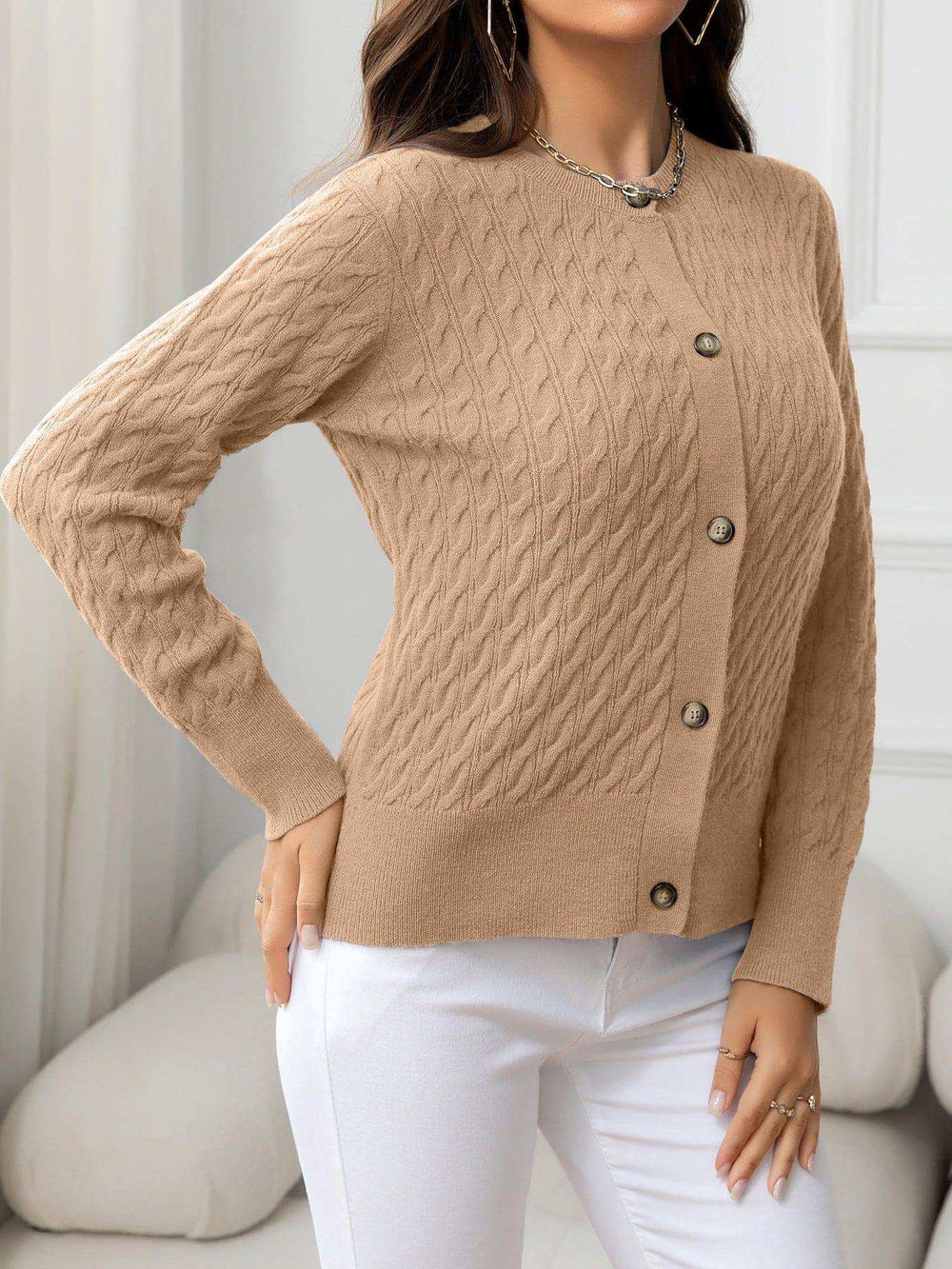 Round Neck Cable-Knit Buttoned Knit Top - Trendsi - Flyclothing LLC
