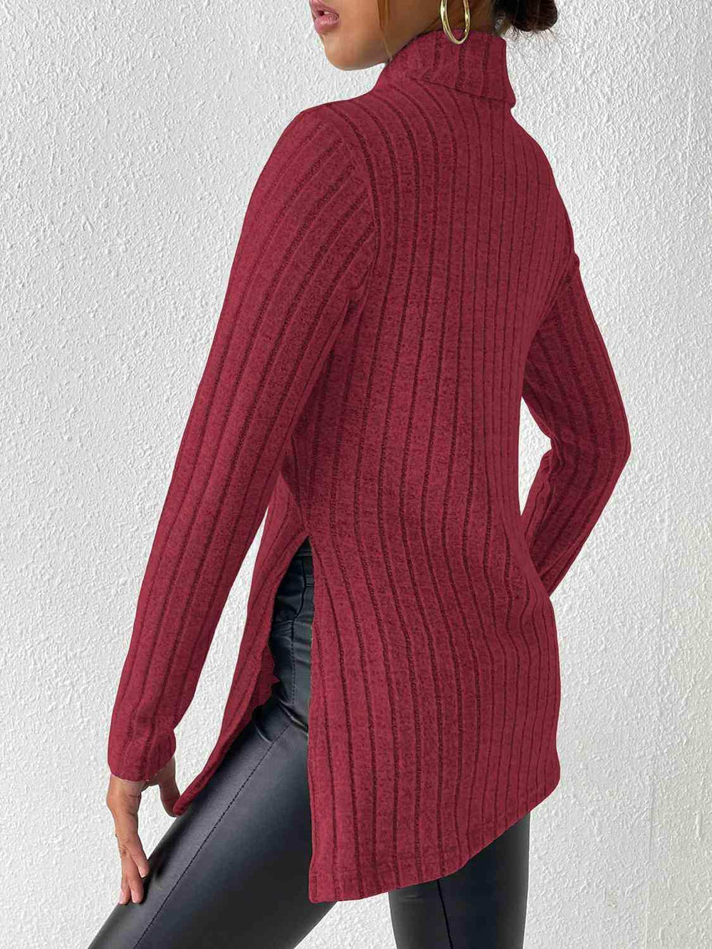 Ribbed Turtleneck Long Sleeve Slit T-Shirt - Trendsi - Flyclothing LLC
