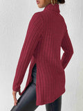 Ribbed Turtleneck Long Sleeve Slit T-Shirt - Trendsi - Flyclothing LLC