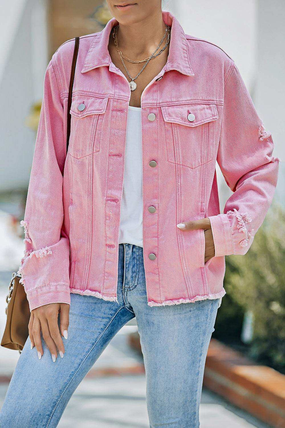 Distressed Raw Hem Denim Jacket - Trendsi - Flyclothing LLC