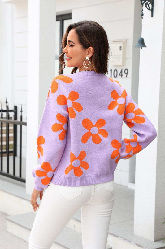 Floral Print Round Neck Dropped Shoulder Pullover Sweater - Trendsi - Flyclothing LLC