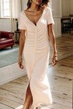 Ruched V-Neck Short Sleeve Dress - Trendsi - Flyclothing LLC