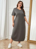 Plus Size Pocketed V-Neck Short Sleeve Lounge Dress - Trendsi - Flyclothing LLC