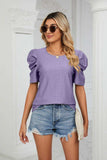 Eyelet Puff Sleeve Round Neck Blouse - Trendsi - Flyclothing LLC