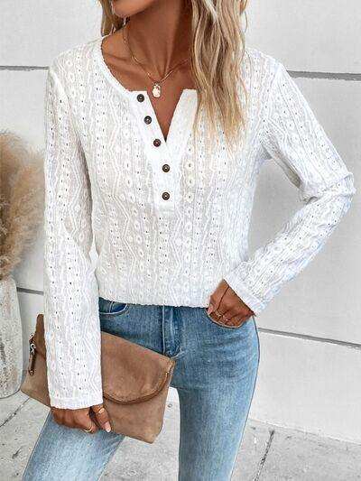 Openwork Half Button Long Sleeve Blouse - Trendsi - Flyclothing LLC