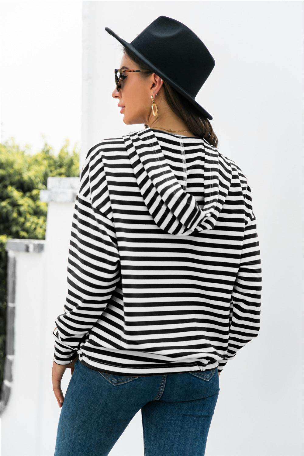 Striped Half-Button Dropped Shoulder Hoodie - Trendsi - Flyclothing LLC
