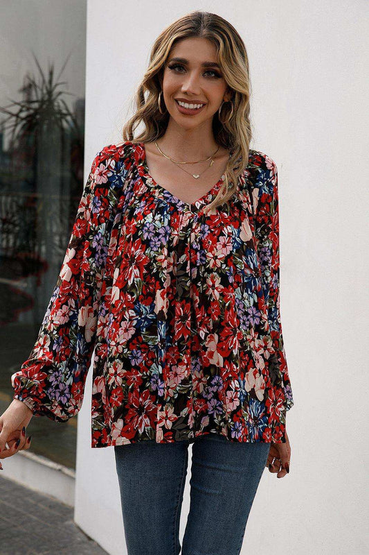 Floral Print Balloon Sleeve Ruched Blouse - Trendsi - Flyclothing LLC