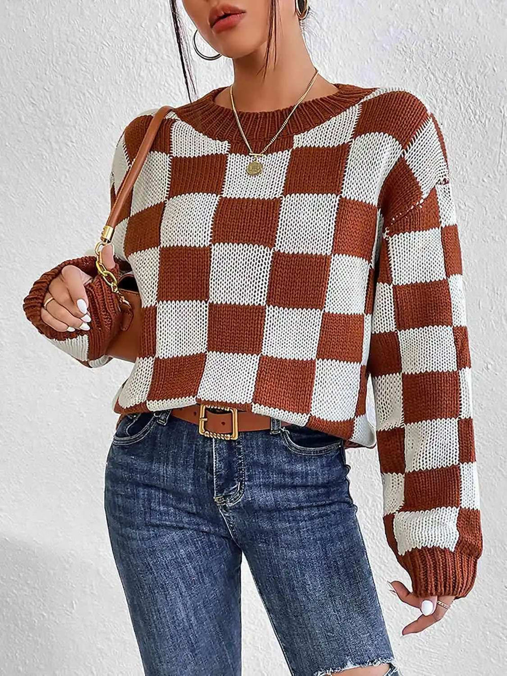 Checkered Round Neck Sweater - Trendsi - Flyclothing LLC