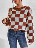 Checkered Round Neck Sweater - Trendsi - Flyclothing LLC