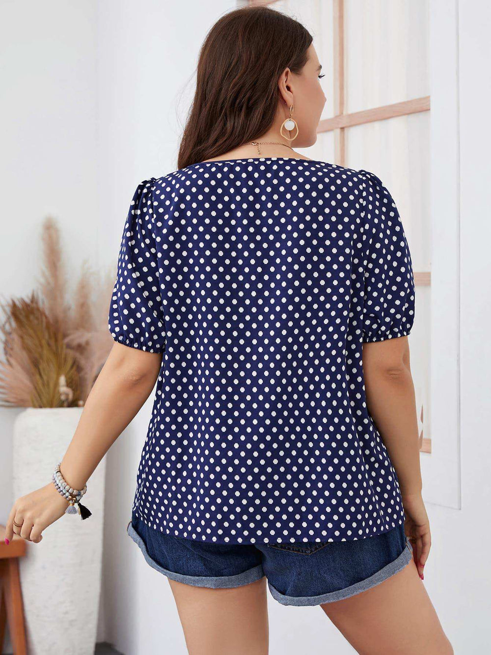 Plus Size Polka Dot Square Neck Blouse - Trendsi - Flyclothing LLC