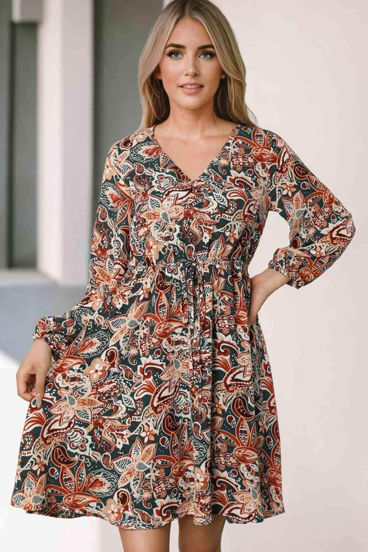 Printed V-Neck Mini Dress - Trendsi - Flyclothing LLC
