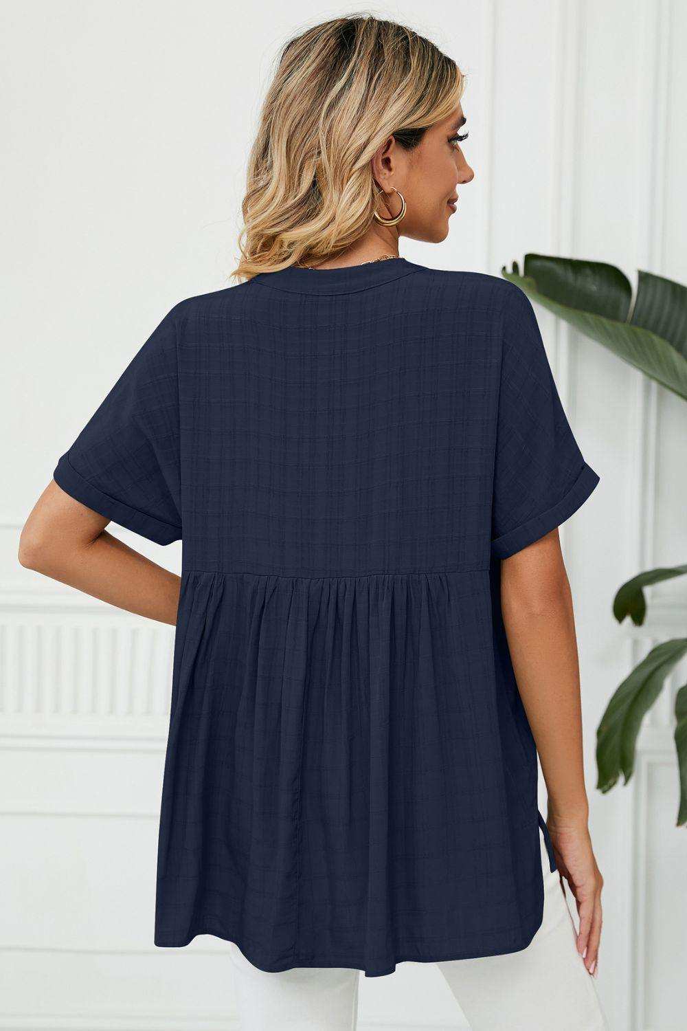 Side Slit Notched Neck Cuffed Short Sleeve Blouse - Trendsi - Flyclothing LLC